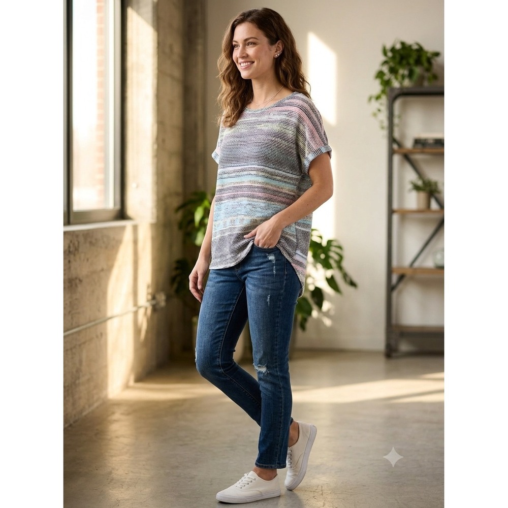 First Love Knit Top Womens L Multi Color Striped Excellent Dolman High Low Hem